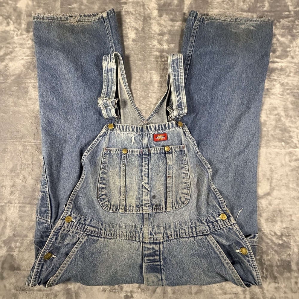 Dickies Bib Overalls Mens Large Blue Denim Distressed Workwear Carpenter Utility